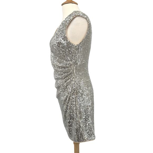 Aidan Mattox Faux Wrap Silver Sequin Ruched Cocktail Dress 12 Holiday Party NYE - Picture 5 of 12